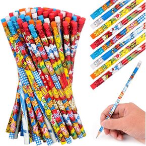 Kolewo4ever 100 Pieces Superhero Text Pencils Cylinder Wood Pencils Pow! Snap! Wham! Bang! Elements Pencils 4 Style Assorted Kids Pencils for Classroom Rewards Carnival Prizes (100)