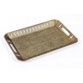 16" Sturdy Rectangular Decorative Metal Tray with Filigree Decor in Champagne Gold, Metal Serving Tray, Perfume Tray, Vanity Tray. Coffee Table, Bathroom, Dresser, Centerpieces, Wedding, (Gold, 1)