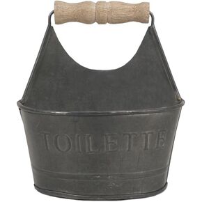 CTW Home Collection Gray Colonial Tin Works Small Toiletries Bathroom Caddy 450156 Metal with Wooden Handle and Toilette on Front Rustic Farmhouse
