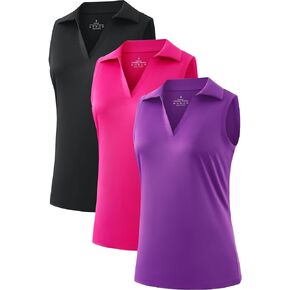 Femdouce 3 Pack Sleeveless Golf Polo Shirt for Women Quick Dry Golf Shirt Sleeveless V Neck Polo Shirt Lightweight