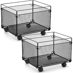 2 Pack Mesh Metal File Crate Organizer Box with Mobile Swivel Wheels Black Rolling File Cart Storage Cart Foldable Storage Crate for Folders, Office Supplies, Black, 15" x 13" x 10"