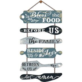 Bless the Food Before Us Farmhouse Kitchen Wall Decor - Dining Room Decorations Collage Wall Art in Neutral Grey Color - Wooden Rustic 6pcs Roped Sign 25x14 Inches Vertical