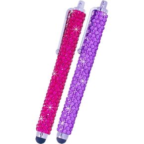 Eco-Fused Universal Bling Stylus Pens - 2 Long Gem Covered Stylus Pens Compatible with All Capacitive Touchscreen Devices (All iPhone, iPad, Android Phones and Tablets) / Microfiber Cleaning Cloth