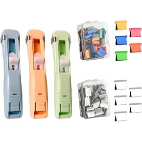 Reusable Push Clip Stapler, 3 Pcs Clam Clip Dispensers with 100 Metal Refill Clips（50 Colorful + 50 Silver）for Office Document School Supplies Home Snacks in Kuwait