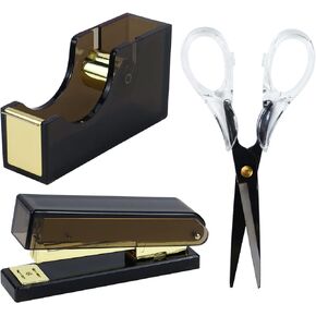 Black Acrylic Tape Dispenser and Black Desktop Stapler Set, Acrylic Office Supplies Includes Black Fabric Scissors, Cute Office Stapler Set for Modern Design Office Desktop