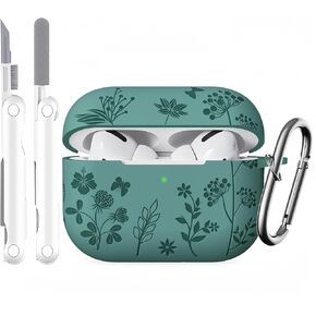 متوافق مع غطاء حافظة Airpods Pro الجيل الثاني، حافظة سيليكون منقوشة بالزهور لغطاء حافظة Airpod Pro، حافظة لطيفة لحافظة Airpods Pro 2 مع مجموعة منظف وسلسلة مفاتيح (أخضر صنوبر)