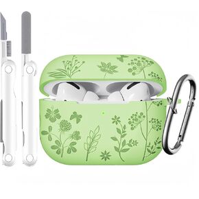 Compatible with Airpods Pro 2nd Generation Case Cover, Flower Engraved Silicone Case for Airpod Pro Case Cover, Cute Case for Airpods Pro 2 Case with Cleaner Kit & Keychain (Pine Green)