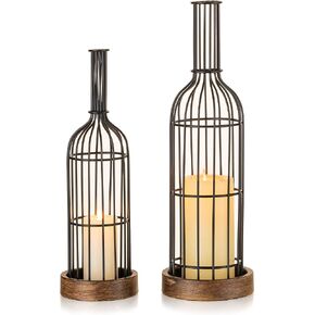Metal Lanterns Decorative Set of 2 - Indoor Rustic Farmhouse Candle Holder Wine Tray Lantern for Wedding Table Centerpiece Fireplace Mantle Shelf, 16" 13" Home Decor, Distressed Brown