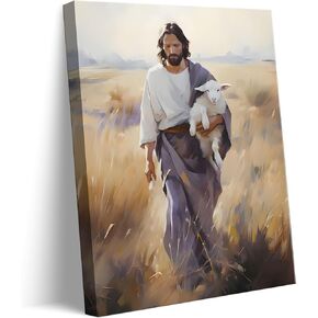 Framed Jesus and Lamb Canvas Wall Art Jesus Christ The Good Shepherd Picture Prints God Faith Poster Artwork Christian Home Bedroom Decoration