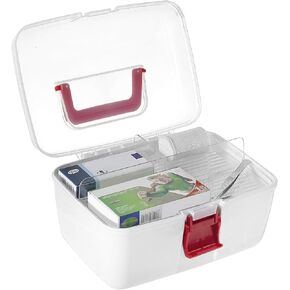 MyGift 10 Inch Multipurpose Portable White Plastic Storage Box with Removable Tray, Clear Lid and and Red Handle and Latch Lock, Home First Aid Storage Tool Box Sewing Kit Organizer Carrying Case