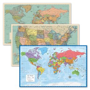 3 Pack - World & USA Map Chart [Tan/Color] + World Map [Blue Ocean] (LAMINATED, 18" x 29")