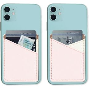 2 Pack Phone Card Holder for Back of Phone, Leather Phone Wallet Stick On, Credit Card Holder for Phone Case Compatible with iPhone, Android Phone - Cross Pattern - BeigePink Leather