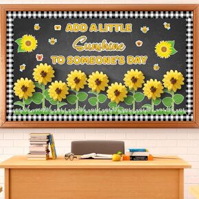 Spring Sunflower Bulletin Board Decorations 3D Tissue Paper Pom Poms Sunflower Cutouts Spring Flower Party Supplies for Sunflower Themed Birthday Party Classroom School Home Window Favor