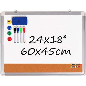 White Board Cork Board Combo - 15x12 in Dry Erase Board with Cork and 1 Magnetic Eraser, 4 Dry Wipe Markers, 4 Magnets and 10 Pins - Wall Hanging Whiteboard with Corkboard for Home and Office (15x12)