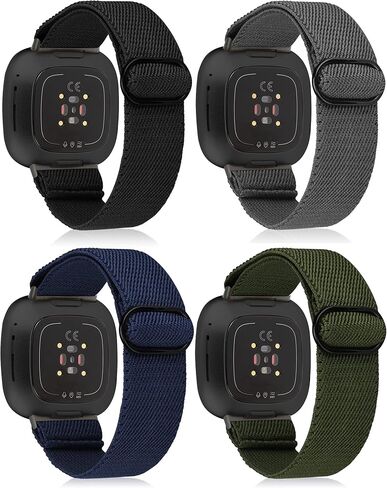 Moolia 4 حزم من النايلون المرن المتوافق مع Fitbit Versa 4/Versa 3/Sense 2/Sense، حزام رياضي من القماش المطاطي قابل للتعديل لساعة Fitbit Versa 4 الذكية للنساء والرجال in Kuwait