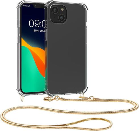 kwmobile Case Compatible with iPhone 15 Plus - Crossbody Case Clear Transparent TPU Phone Cover with Metal Chain Strap - Transparent/Gold in Saudi Arabia