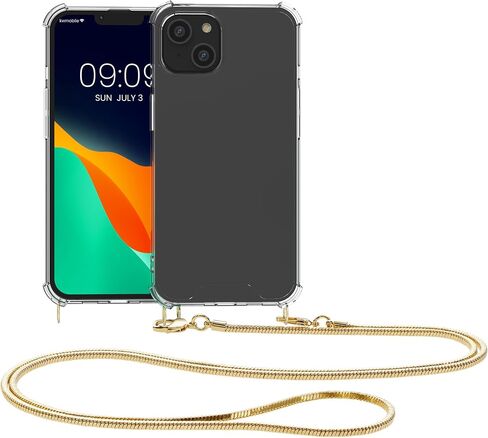 kwmobile Case Compatible with iPhone 15 Plus - Crossbody Case Clear Transparent TPU Phone Cover with Metal Chain Strap - Transparent/Gold in Saudi Arabia