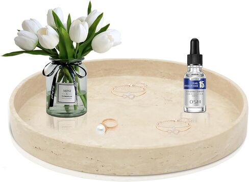 صينية مستديرة من رخام الحجر الجيري مقاس 10 بوصات، صينية تخزين مزخرفة، صينية تقديم، منظم للطاولة لطاولة الحمام في خزانة الملابس in Kuwait