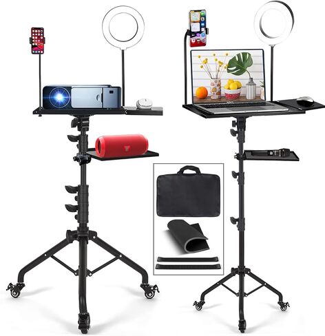 Projector Tripod Stand with Wheels Adjustable Height Laptop Tripod Stand with LED Ring Light Carrying Bag 2 Shelves Mouse Tray Phone Holder Projector Music Stand Portable Laptop Floor Stand in Saudi Arabia