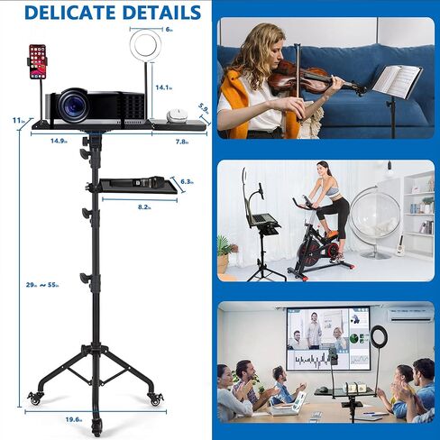 Projector Tripod Stand with Wheels Adjustable Height Laptop Tripod Stand with LED Ring Light Carrying Bag 2 Shelves Mouse Tray Phone Holder Projector Music Stand Portable Laptop Floor Stand in Saudi Arabia