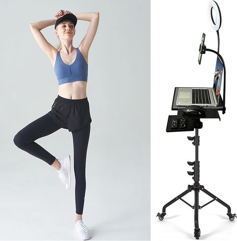 Projector Tripod Stand with Wheels Adjustable Height Laptop Tripod Stand with LED Ring Light Carrying Bag 2 Shelves Mouse Tray Phone Holder Projector Music Stand Portable Laptop Floor Stand in Saudi Arabia