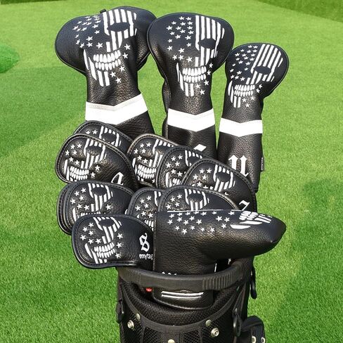 غطاء رأس Mytag Golf Skull Skeleton Head Cover لنادي الجولف من الجلد الأسود، مجموعة أغطية رأس تناسب السائق Fairway Wood Hybrid Utility Putter Iron Wedge Headcover in Saudi Arabia