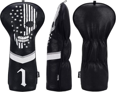 غطاء رأس Mytag Golf Skull Skeleton Head Cover لنادي الجولف من الجلد الأسود، مجموعة أغطية رأس تناسب السائق Fairway Wood Hybrid Utility Putter Iron Wedge Headcover in Saudi Arabia