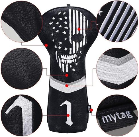 غطاء رأس Mytag Golf Skull Skeleton Head Cover لنادي الجولف من الجلد الأسود، مجموعة أغطية رأس تناسب السائق Fairway Wood Hybrid Utility Putter Iron Wedge Headcover in Saudi Arabia