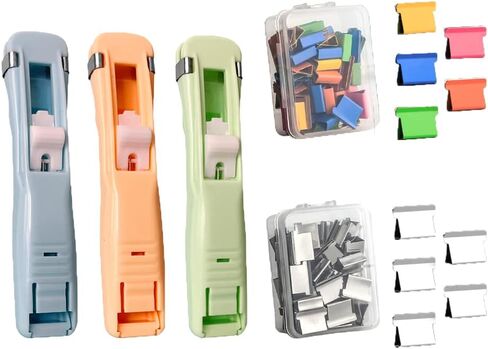 Reusable Push Clip Stapler, 3 Pcs Clam Clip Dispensers with 100 Metal Refill Clips（50 Colorful + 50 Silver）for Office Document School Supplies Home Snacks in Kuwait