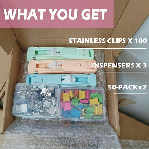 Reusable Push Clip Stapler, 3 Pcs Clam Clip Dispensers with 100 Metal Refill Clips（50 Colorful + 50 Silver）for Office Document School Supplies Home Snacks in Kuwait