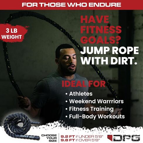 حبل DIRT - حبل القفز الموزون - قبضة محسنة وأكمام واقية - حبال معركة التمرين - تمرين الجسم بالكامل - اللياقة البدنية - التمارين المنزلية، صالة الألعاب الرياضية، تدريب القلب والتحمل - الرجال والنساء - 3 أرطال in Kuwait