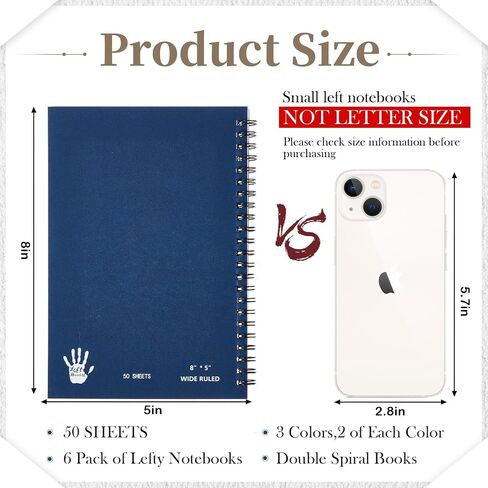 Lewtemi 6 Pack Small Left Handed Notebook 8"x5" Lefty Spiral Notebooks Wire Bound Mini Notebook 50 Sheets College Wide Ruled Paper Journal(Colorful) in Kuwait