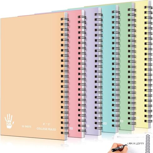 Lewtemi 6 Pack Small Left Handed Notebook 8"x5" Lefty Spiral Notebooks Wire Bound Mini Notebook 50 Sheets College Wide Ruled Paper Journal(Colorful) in Kuwait