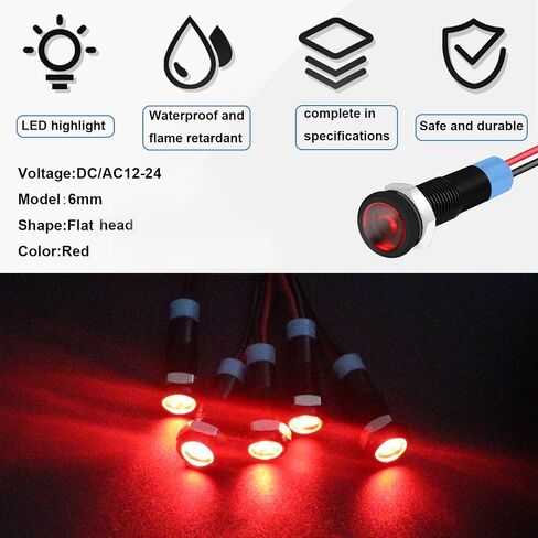 smseace 5Pack 1/4''(6mm) AC/DC12-24V LED Indicator Light Waterproof IP67 Aluminum Black Anodized 24 Volt led Lights Metal Pilot Lamp Lights Red Panel LED Indicator Signal Light in Saudi Arabia