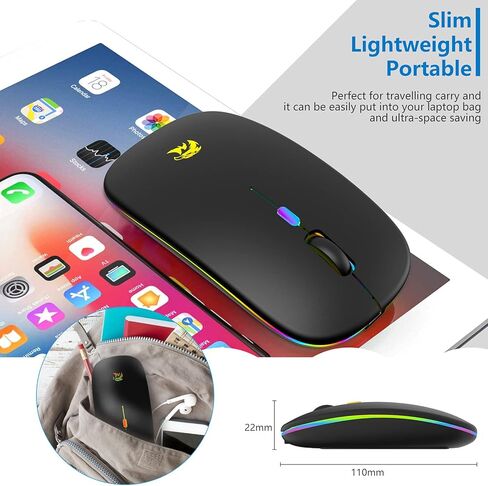 ماوس بايباو اللاسلكي، ماوس بلوتوث، وضعين LED نحيف (بلوتوث و2.4 جيجا لاسلكي) ماوس LED قابل لإعادة الشحن مع محول USB ونوع C 3 DPI قابل للتعديل لجهاز iPad OS 13، MacBook، الكمبيوتر المحمول، Mac OS in Kuwait