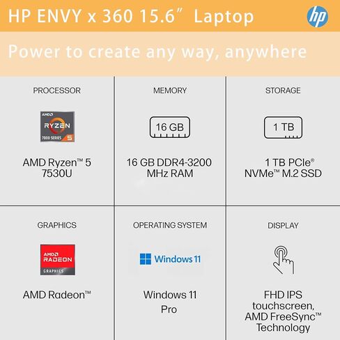 كمبيوتر محمول HP Envy x360 Business Touchscreen 2 في 1، شاشة لمس FHD 15.6 بوصة، AMD Ryzen 5 7530U (Beat i7-1165G7)، ذاكرة الوصول العشوائي 32 جيجابايت، 1 تيرابايت SSD، لوحة مفاتيح بإضاءة خلفية، قلم ستايلس، HDMI، Wi-Fi 6، Windows 11 Pro in Saudi Arabia