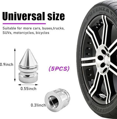5 PCS Car Tire Valve Caps, Spike Aluminum Tire Wheel Valve Stem Covers, Corrosion Resistant Auto Rim Dust Caps, Universal Stem Cover for Car, SUV, Truck, Bike, Motorcycle (Black) in Kuwait