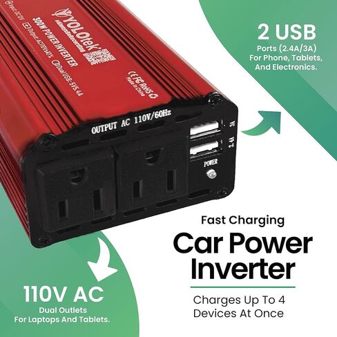 YOLOtek مملوك للمحاربين القدامى 300 واط عاكس طاقة السيارة - محول سيارة DC 12 فولت إلى 110 فولت مزدوج USB وسلك سيارة بطول 3 أقدام! شحن أجهزة الكمبيوتر المحمولة والأجهزة اللوحية - أساسيات السيارة للسفر والتخييم والرحلات البرية - ملحقات السيارات in Kuwait
