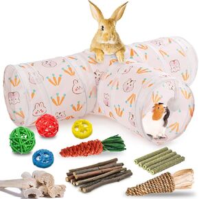 HERCOCCI Bunny Tunnels & Tubes, Collapsible 3 Way Rabbit Hideout Tunnel with Chew Toys for Rabbit Bunny Guinea Pig Ferret Kitten