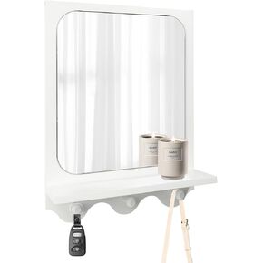 Snazzify 16x12 Inch Wall-Mounted Mirror with Shelf and Hooks, White Decorative Entryway Mirror with Storage for Hallway, Bathroom, or Bedroom - 4in Shelf Width, White