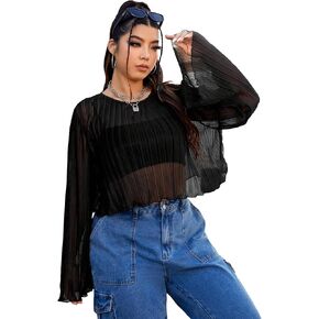 Floerns Women's Plus Size Mesh Mesh See عبر Bell Long Sleeve Blouse