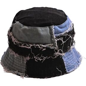 Cotton Distressed Denim Bucket Hat for Women Casual Packable Lightweight Outdoor Patchwork Frayed Sun Hat