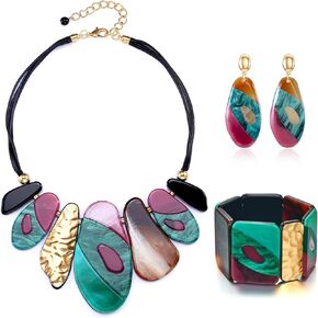 FAMARINE Vintage Tribe Chunky Statment Bangle Earrings Necklace Set for Women, Bohemia Colorful Lucite Acrylic Bangle Costume Jewelry for Women