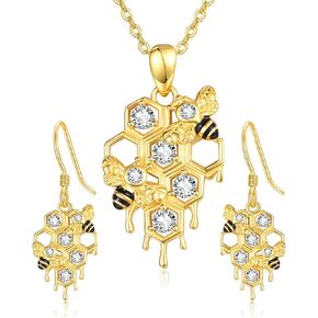 Bee Honeycomb Jewelry Set for Women 925 Sterling Silver 18K Gold Plated Bumble Bees Dangle Drop Earrings Pendant Jewelry Gifts