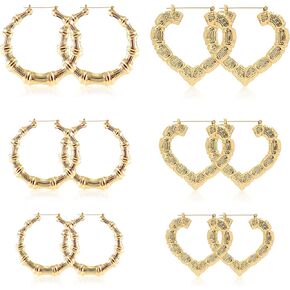 6-10 Pairs Bamboo Earrings Set - Hollow Casting Oversize Gold Hoop Earrings for Women, Hip-Hop Rapper Jewelry, Fashion Accessories in Different Shapes Mothers Day Gifts