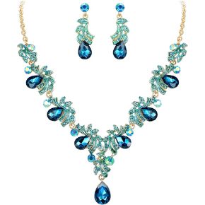 BriLove Wedding Bridal Jewelry Set for Women Crystal Teardrop Filigree Leaf Twig Enamel Statement Necklace Dangle Earrings Blue Topaz Color Gold-Toned