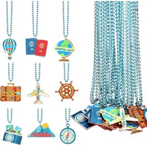 36 Pcs Travel Themed Party Decorations Around the World Party Decorations Long Beaded Necklaces for Women Blue Beads Pendants Costume Jewelry for Women Men