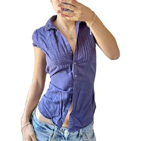 Women Y2k Button Up Shirt Cute E-Girls Short Sleeve V Neck Slim Fit Crop Top Fairy 90S Coquette Blouse