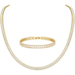 HZMAN Crystal Necklace Bracelet Jewelry Set for Women Dainty Rhinestone Choker Necklace Tennis Bracelet Cubic Zirconia Bridal Wedding Jewelry
