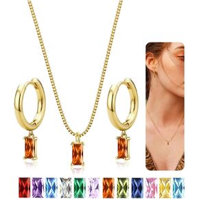 14K Gold Plated Birthstone Necklace for Women Non Tarnish - Trendy Hoop Earrings, Green Cubic Zirconia Pendant Necklace Jewelry Set Dainty Necklace Earrings Pack, Birthday Gift for Mom, Wife, Her